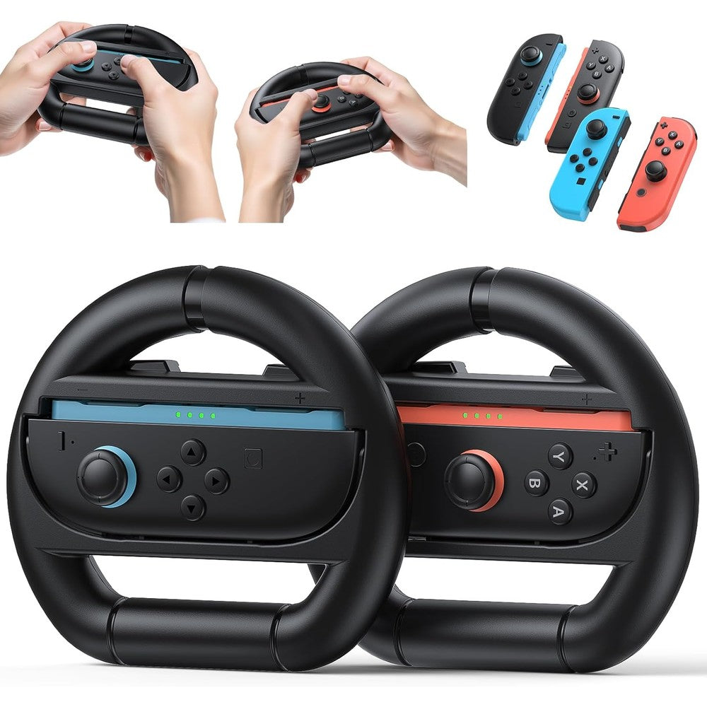 Kinwin steering wheel for Nintendo Switch 2 front view showing black dual pack racing grips.