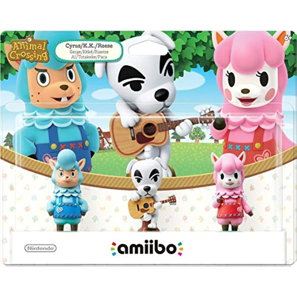 Nintendo Animal Crossing Series 3-Pack Amiibo front view showcasing Cyrus Reese and K.K. Slider collectible figures