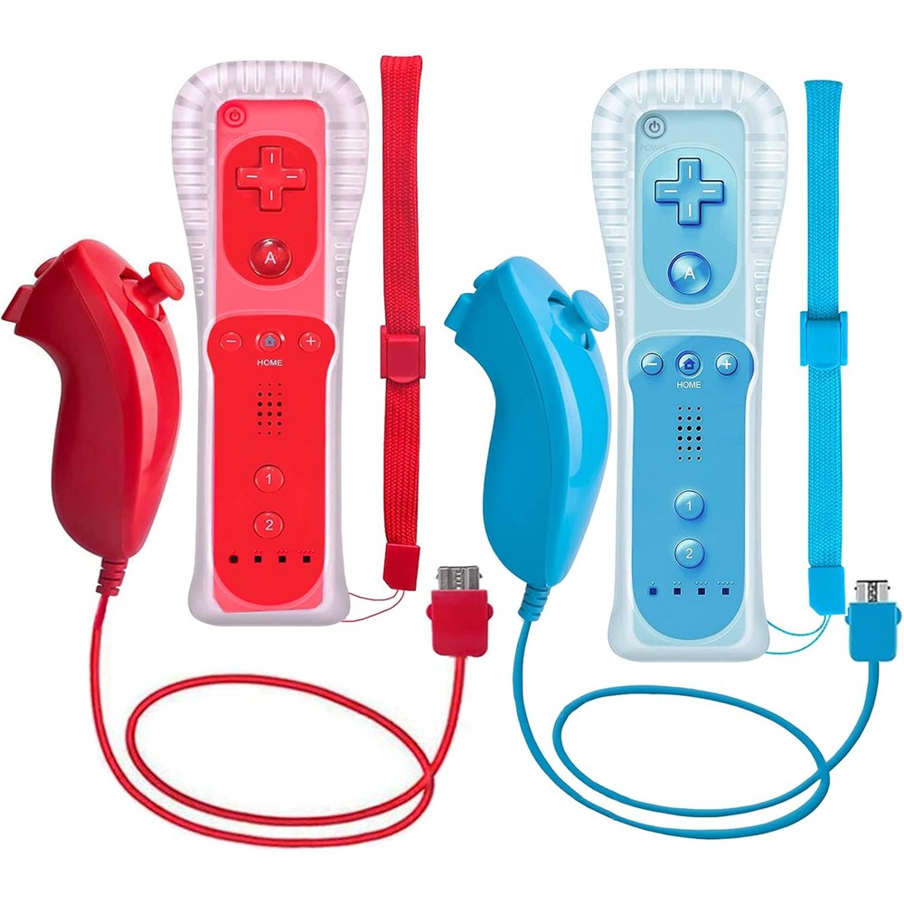 ZeroStory 2 Packs Wii Controller and Nunchuck front view showing the red and blue gaming remotes with matching wrist straps.