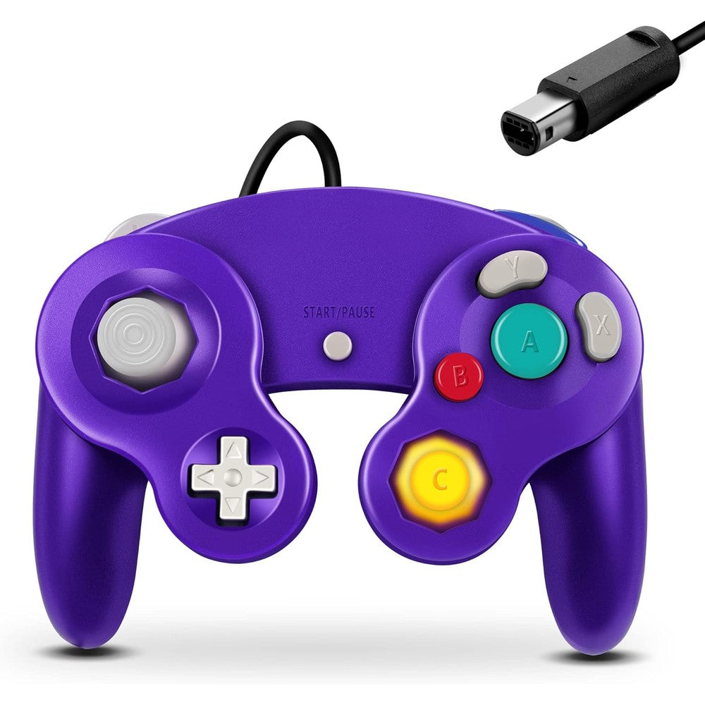 FIOTOK GameCube wired controller purple front view showing classic button layout.