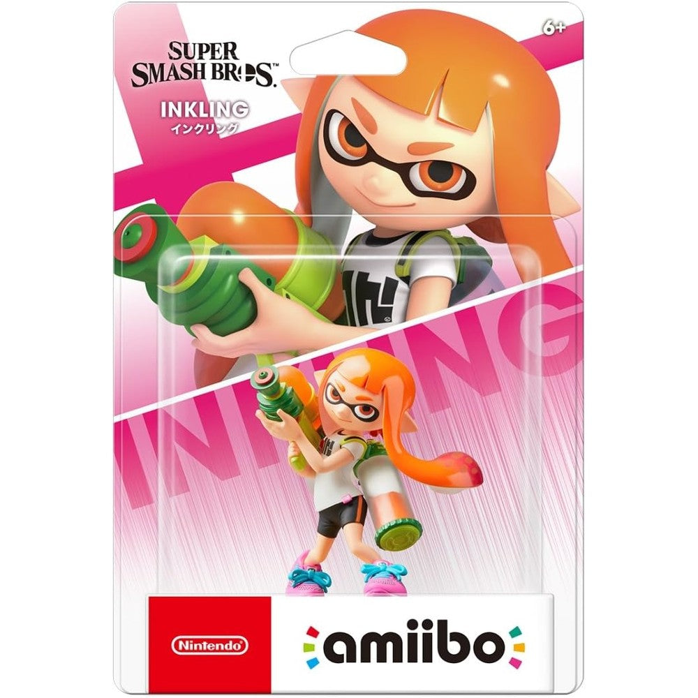 Nintendo amiibo Inkling Girl Super Smash Bros Series figure front view showing pink hair and ink roller accessory.
