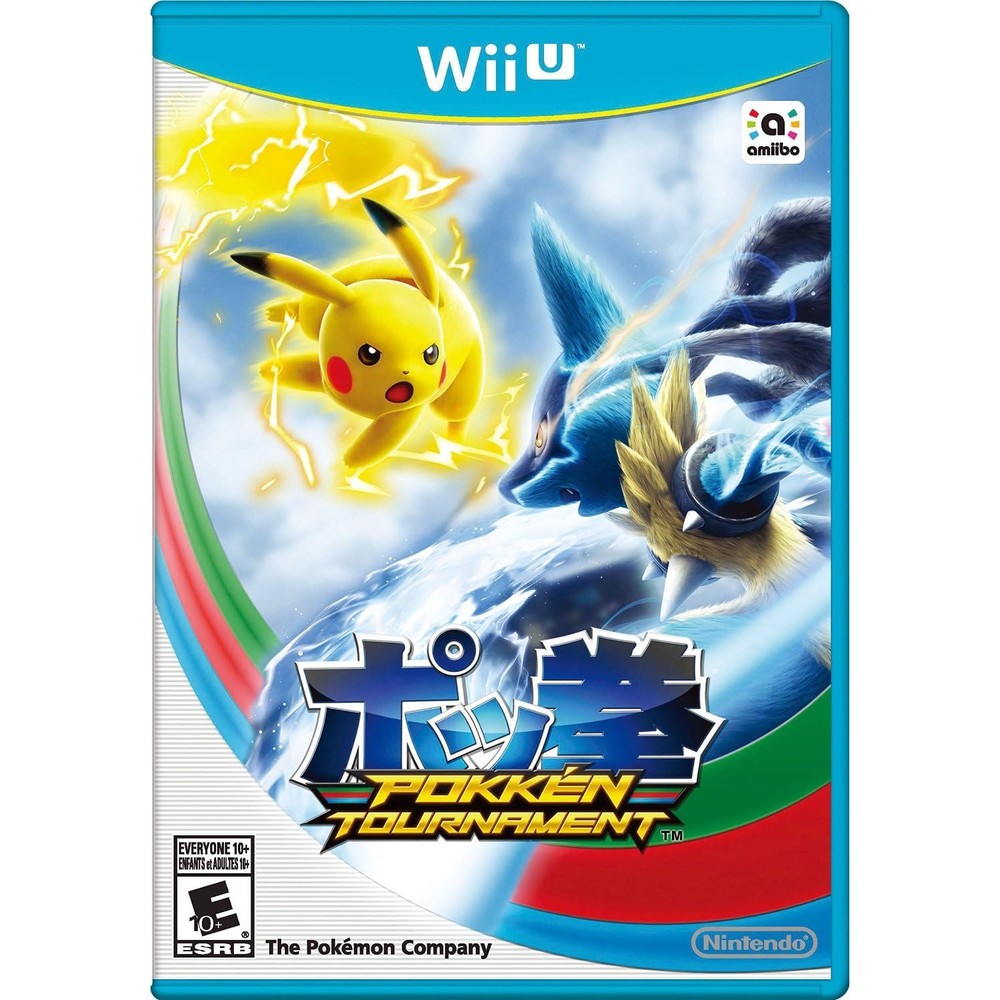Nintendo Pokken Tournament Wii U Standard Edition video game cover featuring Lucario and Pikachu in a fighting stance.