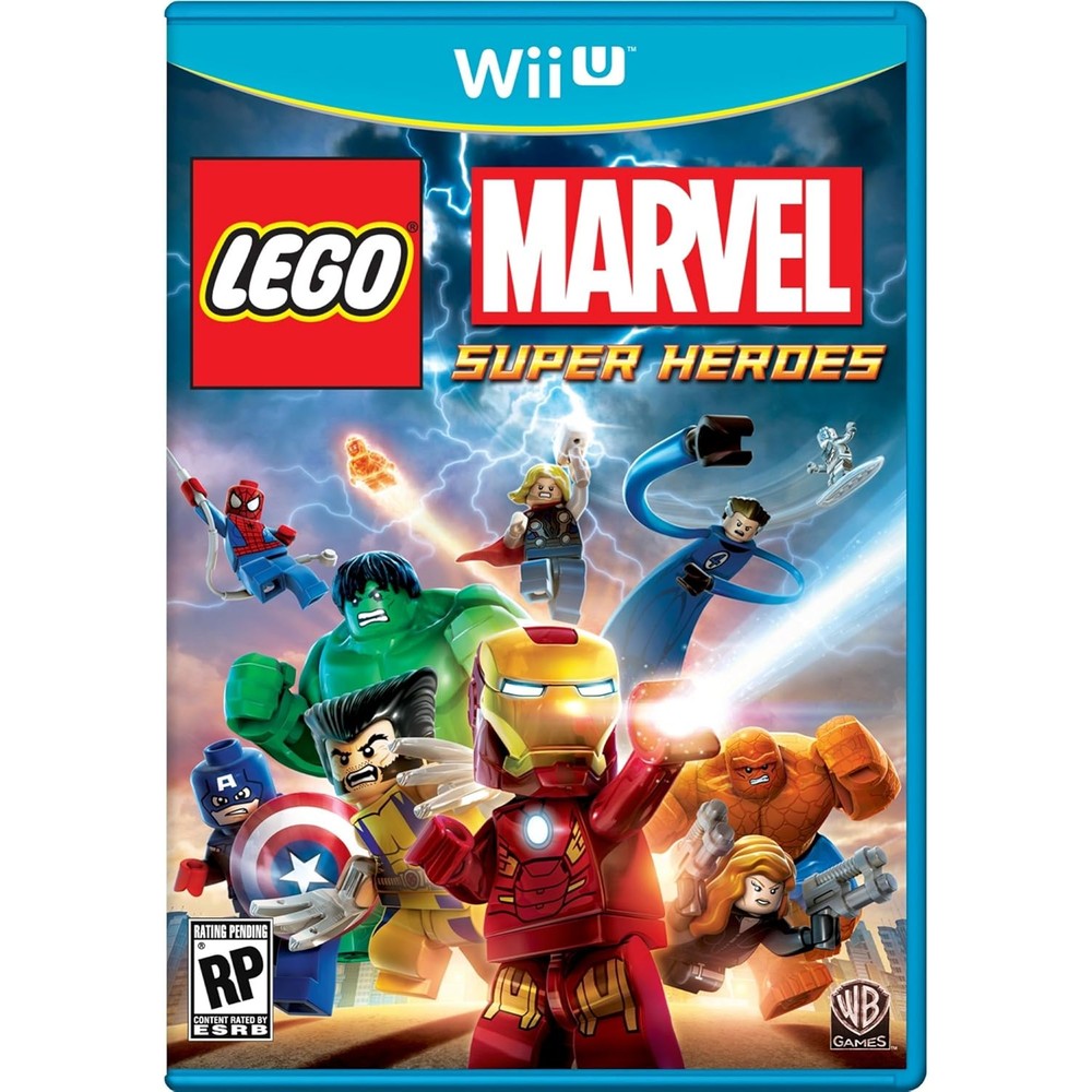 Warner Bros LEGO Marvel Super Heroes Nintendo Wii U front cover case art featuring various comic characters.