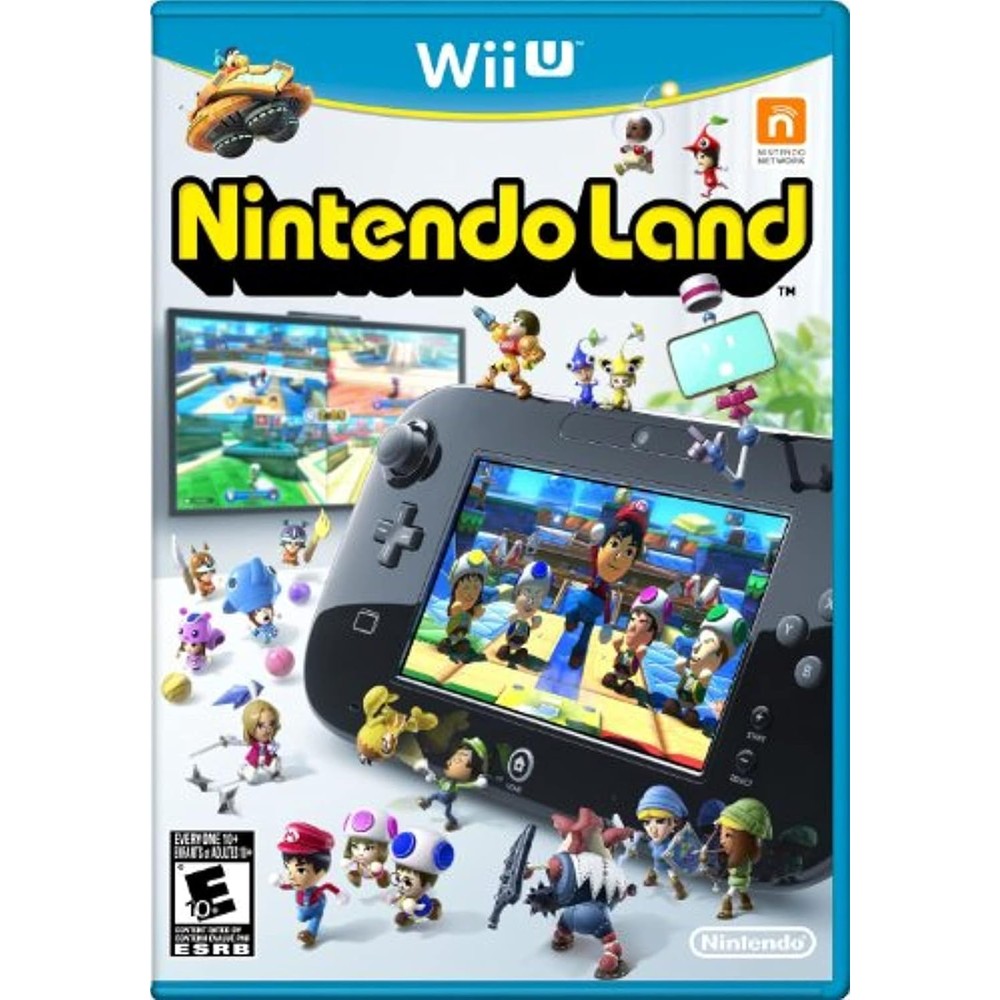 Nintendo Land Wii U NTSC front retail box artwork featuring multiple characters in a theme park setting.