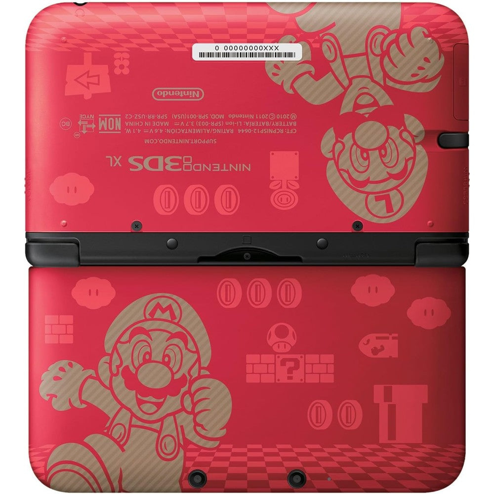 Nintendo 3DS XL New Super Mario Bros 2 Limited Edition handheld console front view showing matte red finish with iconic Mario patterns