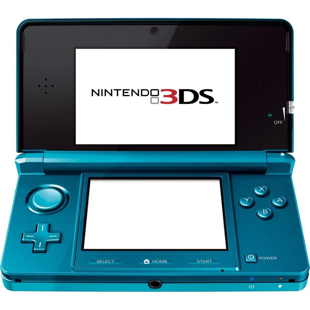 Nintendo 3DS Aqua Blue handheld gaming console front view showing open dual screens