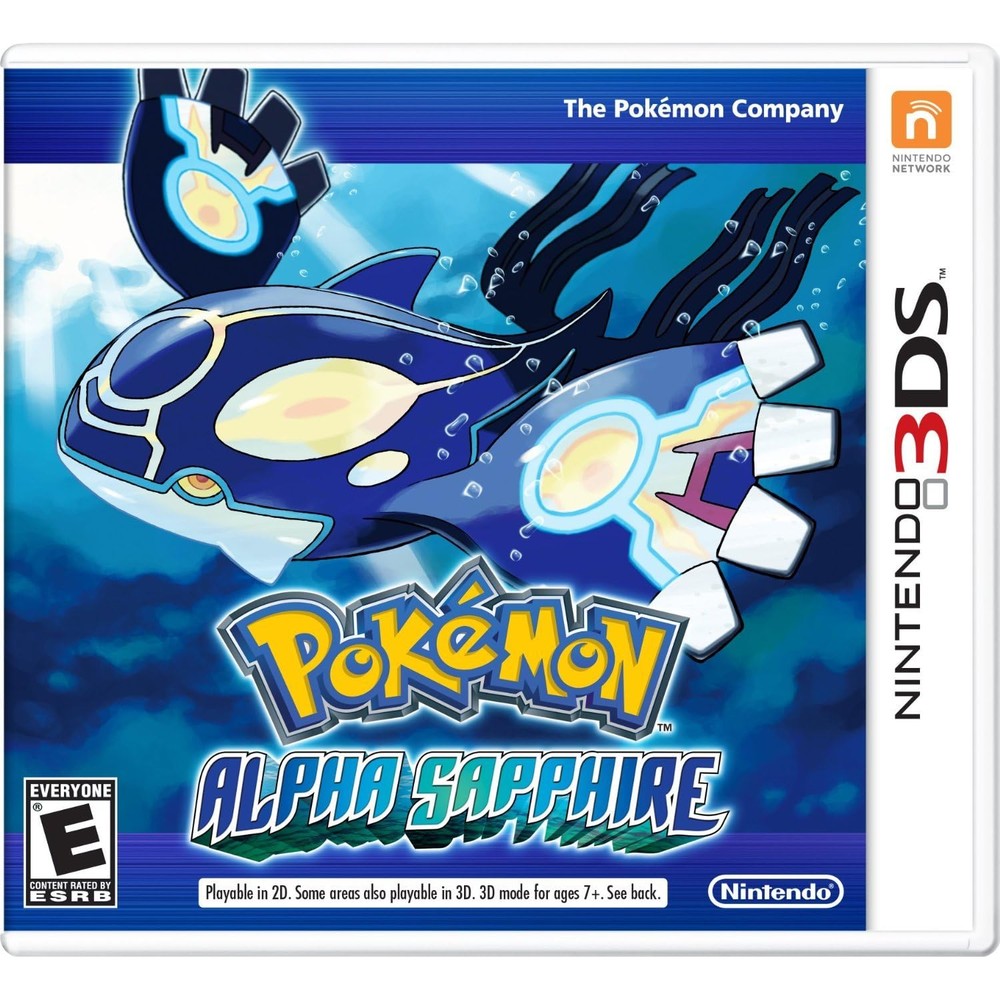 Nintendo Pokémon Alpha Sapphire 3DS video game cartridge front cover featuring Primal Kyogre artwork.