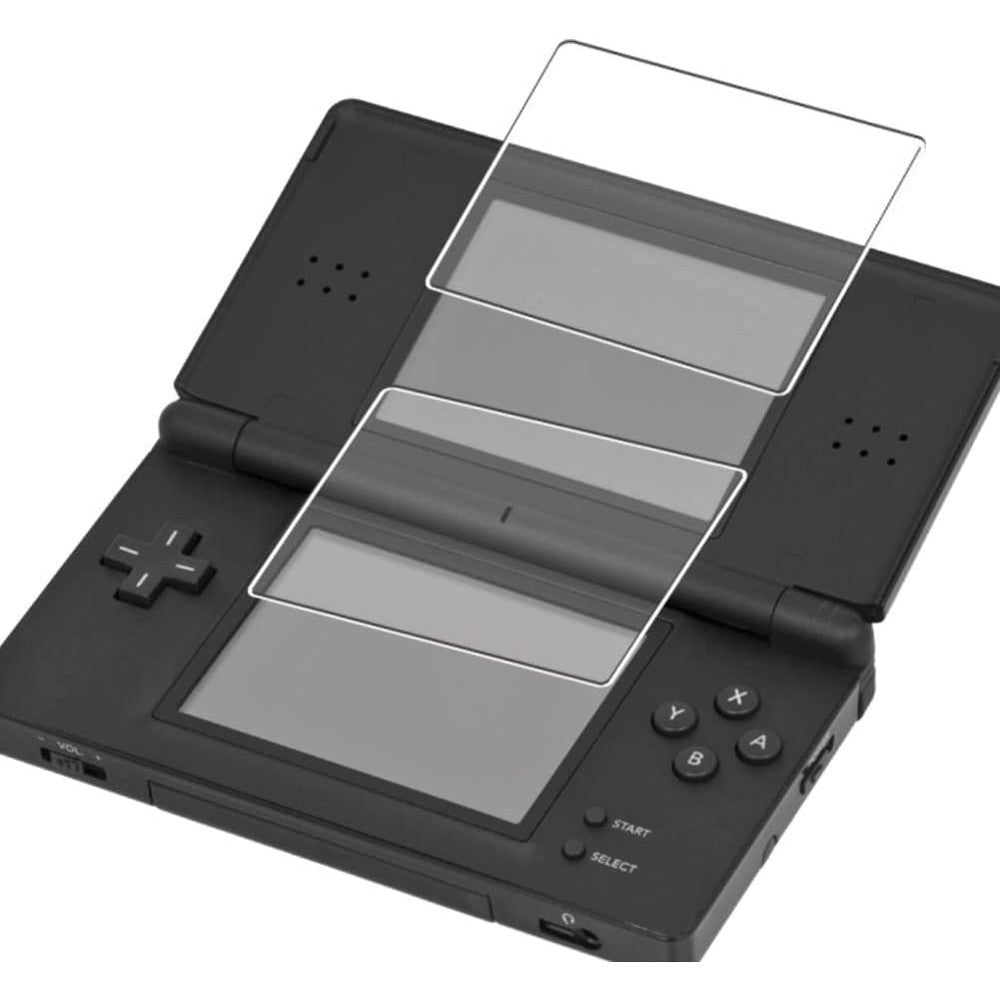 Puccy anti blue light screen protector film applied to a black Nintendo DS Lite console front view.
