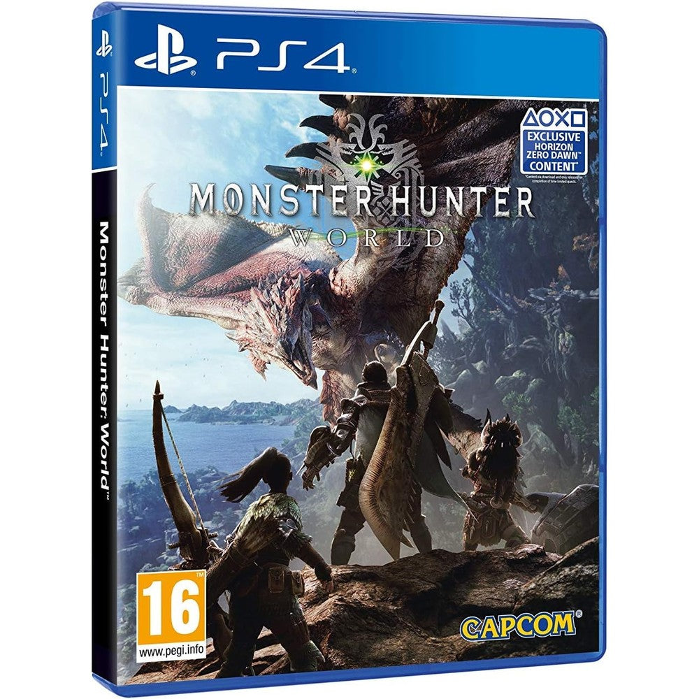 Capcom Monster Hunter World PlayStation 4 front view retail box art featuring iconic flagship monster.