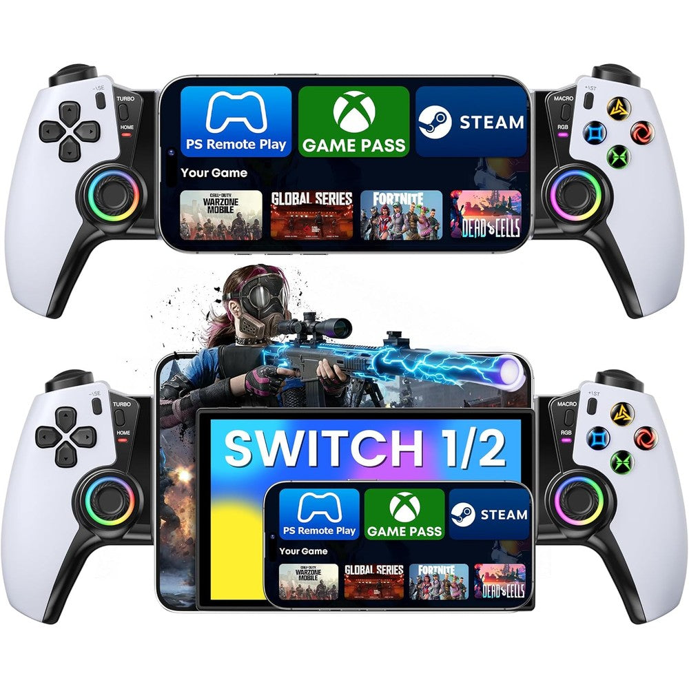 Kickdot wireless mobile gaming controller front view with LED lights