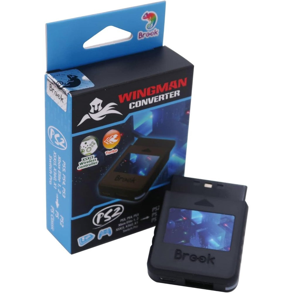 Mcbazel Brook Wingman PlayStation 2 converter adapter front view showing memory card style design