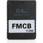 RGEEK Free McBoot FMCB PlayStation 2 memory card front view showcasing the black sixty-four megabyte gaming accessory.