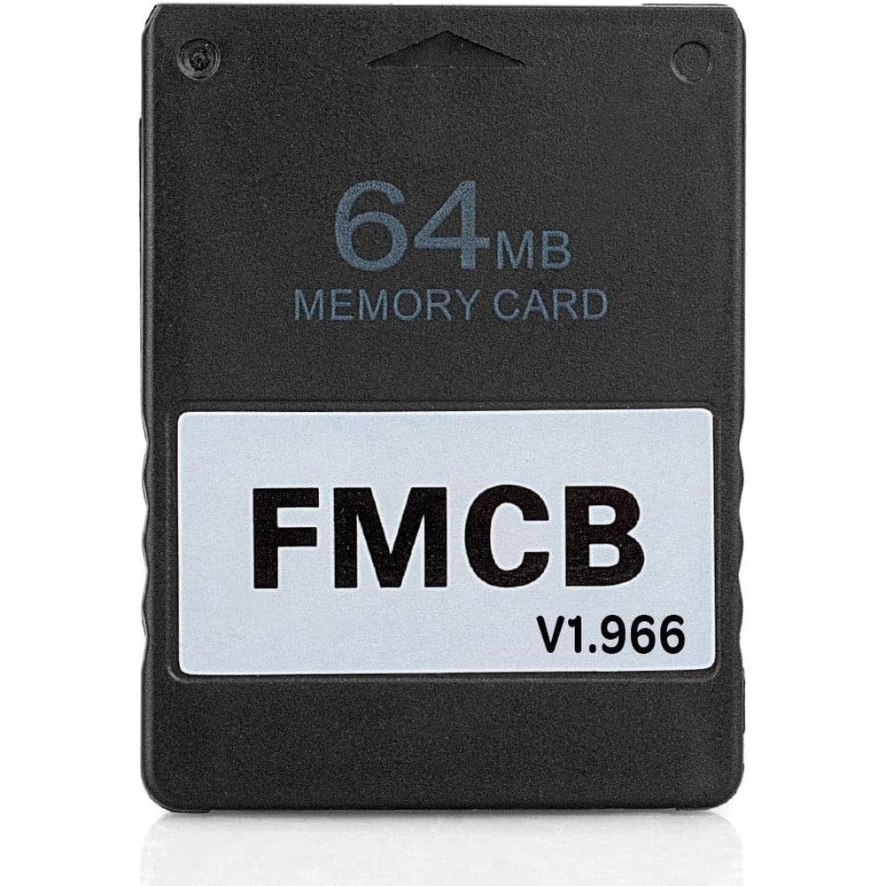 RGEEK Free McBoot FMCB PlayStation 2 memory card front view showcasing the black sixty-four megabyte gaming accessory.