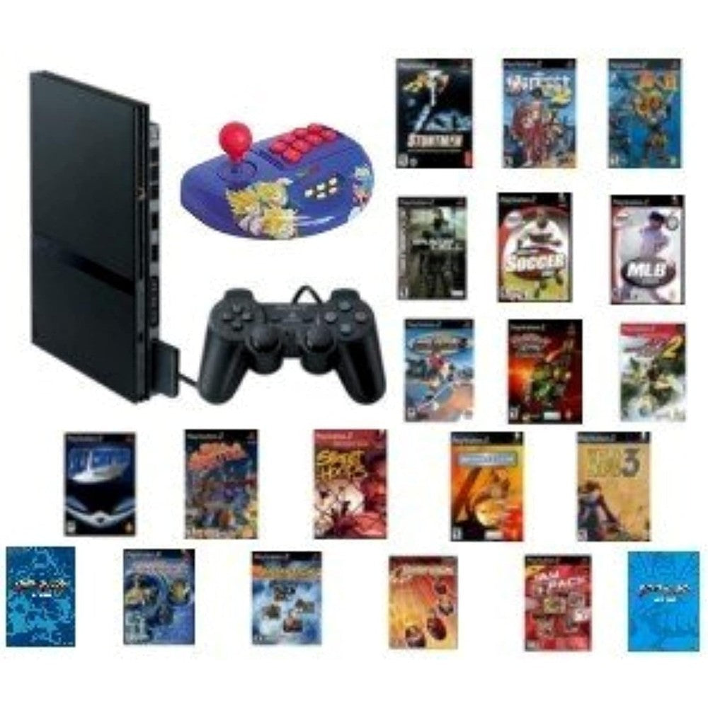 Sony PlayStation 2 Action Value Pack retro home console bundle featuring black system and arcade joystick front view.