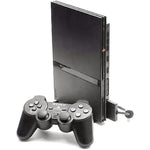 Sony PlayStation 2 Slimline charcoal black console front view showing compact profile and controller ports