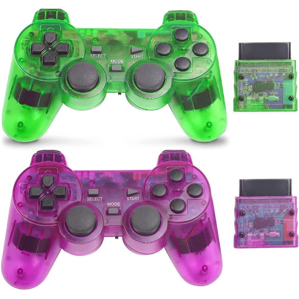 Rzzhgzq PS2 Wireless Controller front view of clear purple and clear green gamepads