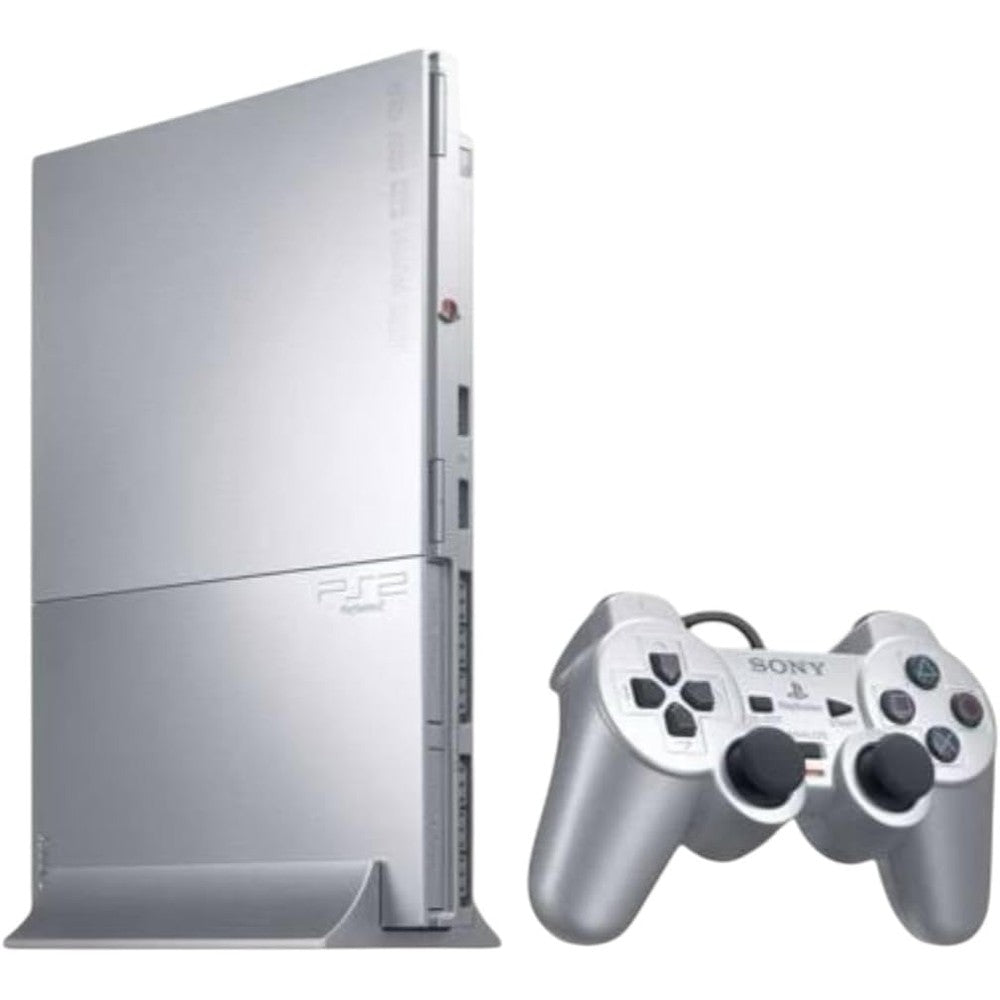 SIE PlayStation 2 Slim Satin Silver front view console layout