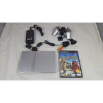 Sony PlayStation 2 Slim Satin Silver front view console with matching controller.