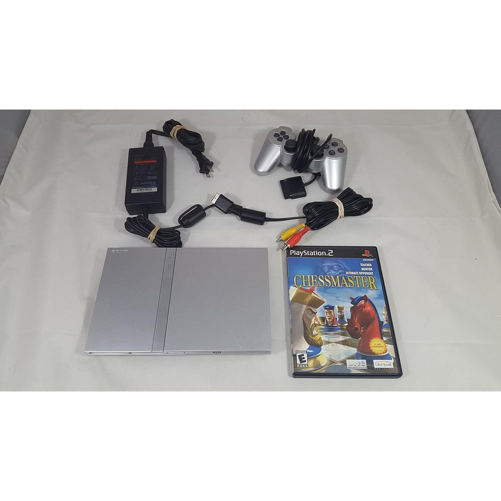 Sony PlayStation 2 Slim Satin Silver front view console with matching controller.