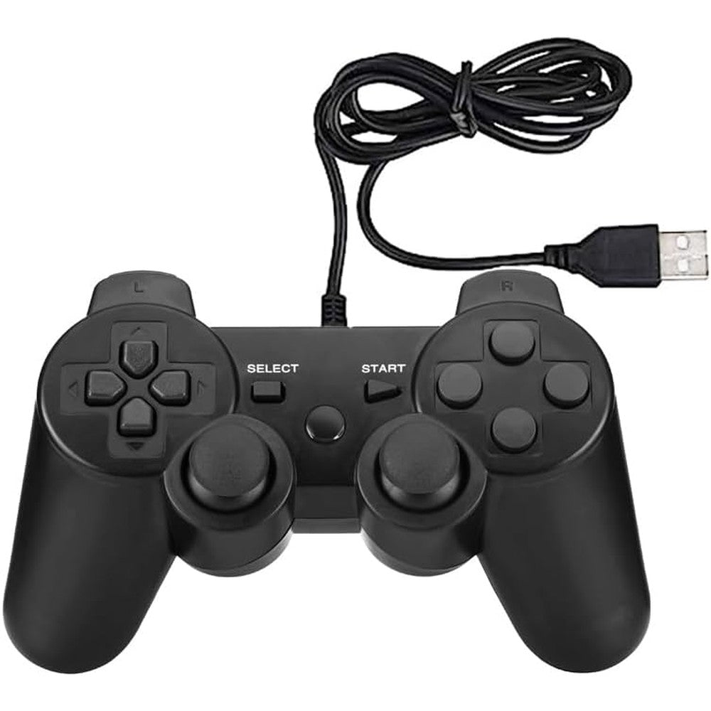 Game Guru wired gaming controller for PlayStation 2 console front view classic black gamepad joystick