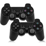 Bshopy FWTBOOM wireless controller set front view showing two black gamepads and the HDMI stick console.