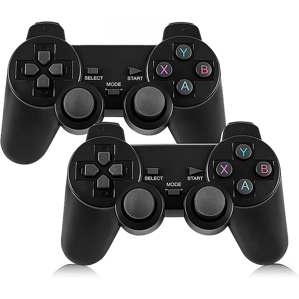 Bshopy FWTBOOM wireless controller set front view showing two black gamepads and the HDMI stick console.