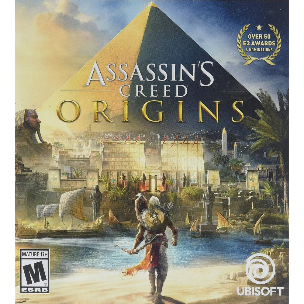 Ubisoft Assassin's Creed Origins PlayStation 4 Standard Edition retail box front view showing protagonist Bayek of Siwa overlooking Egypt.
