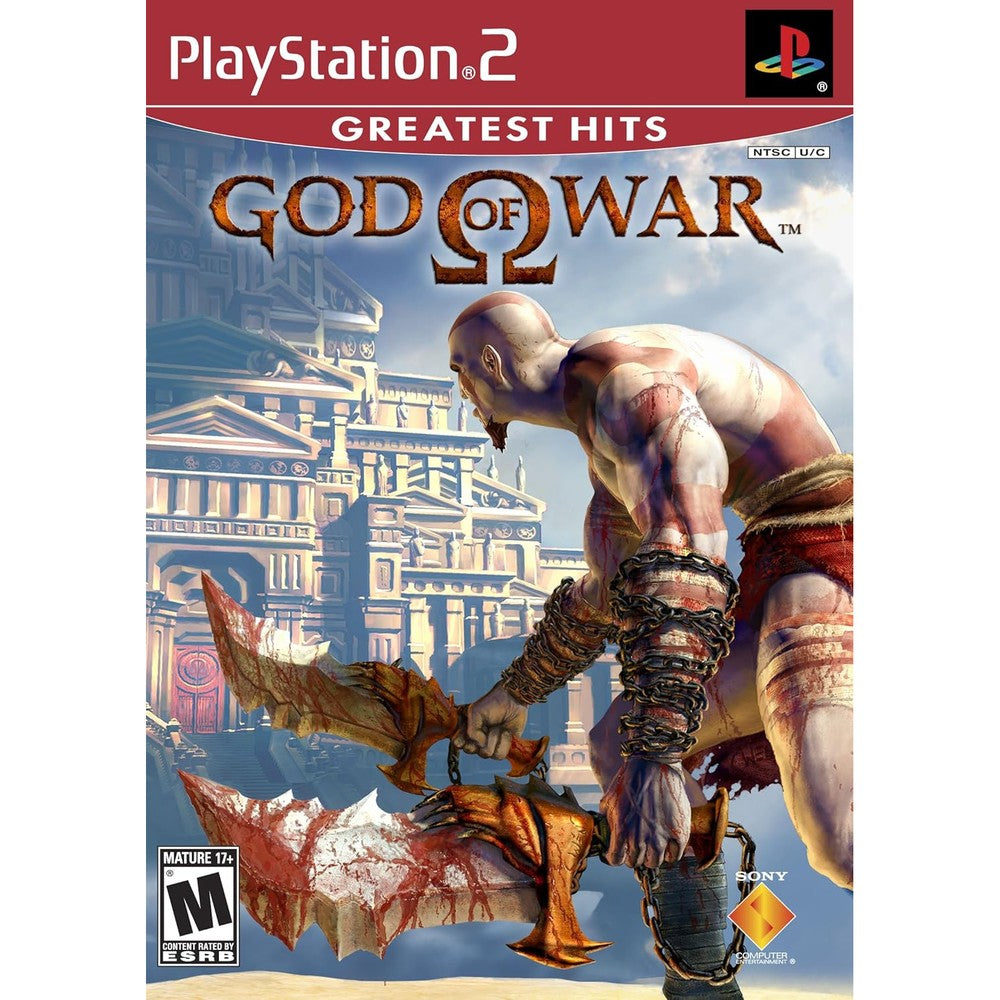 PlayStation God of War PlayStation 2 game front view showing Kratos holding the Blades of Chaos.