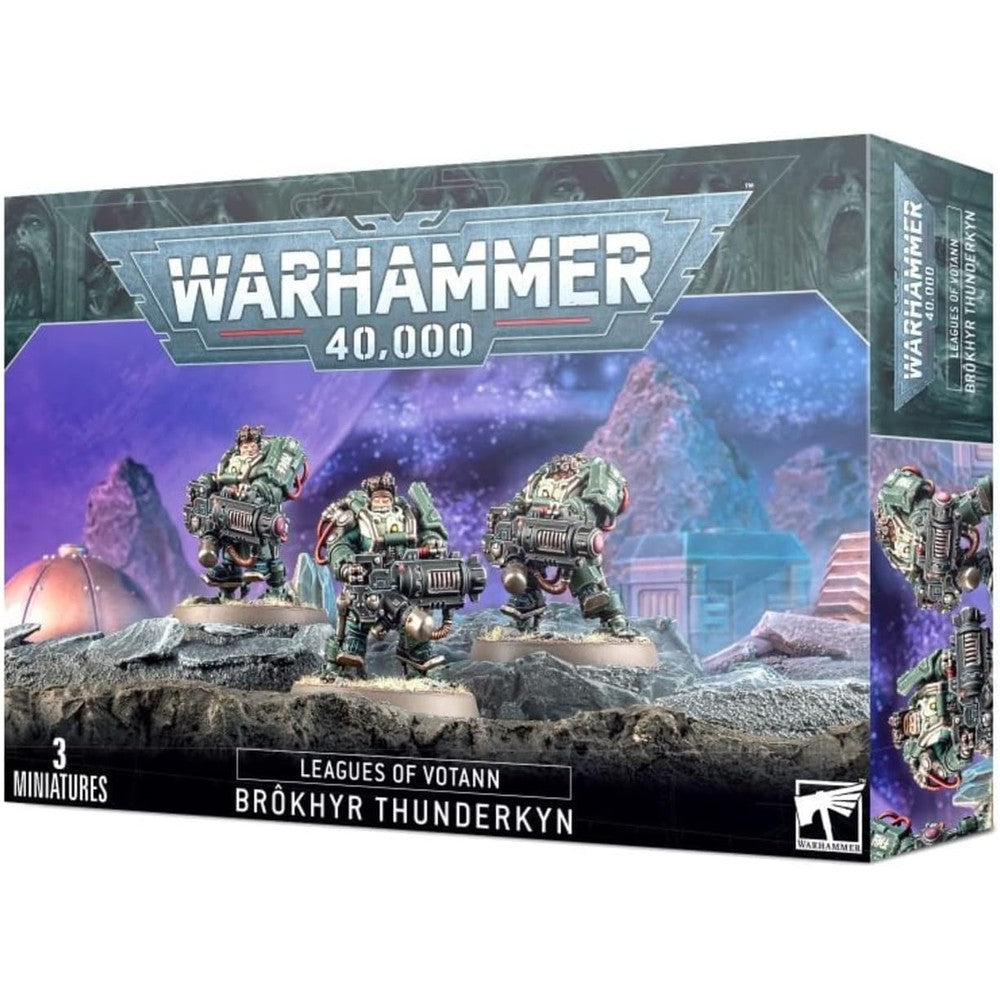 Games Workshop Warhammer 40000 Leagues of Votann Brokhyr Thunderkyn box front view showing three assembled miniatures