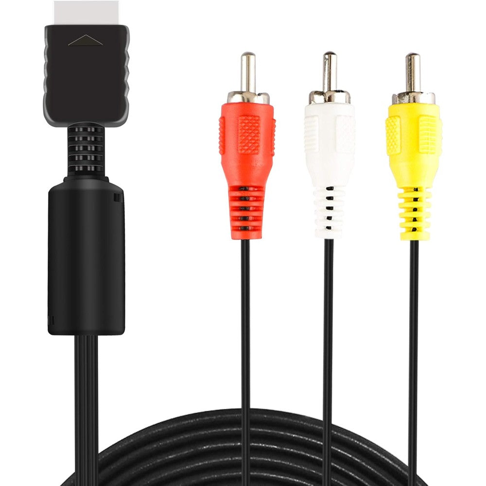 Xahpower PlayStation AV to RCA cable front view showing the proprietary console connector and color-coded plugs.