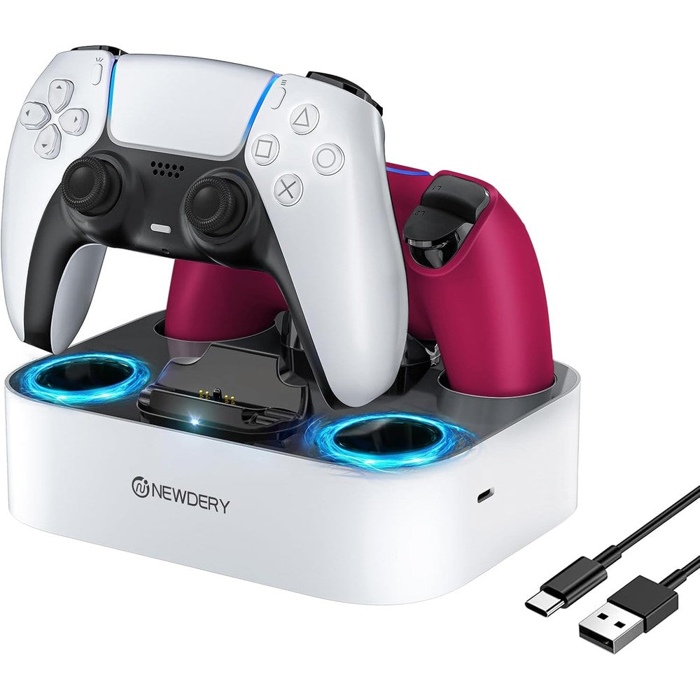 NEWDERY PS5 controller charging station front view with dual slots for PlayStation 5 controllers.