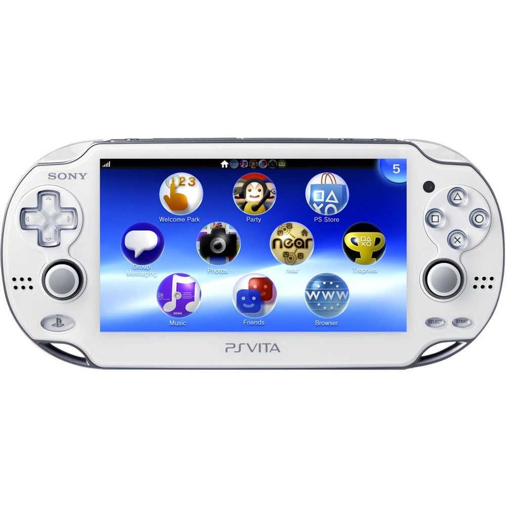 Sony PlayStation Vita 2000 Crystal White handheld gaming console front view showing dual analog sticks