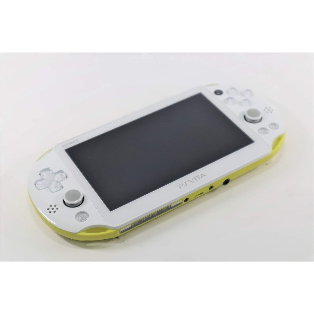 Sony PlayStation Vita Slim lime green and white handheld console front view showing buttons and analog sticks.