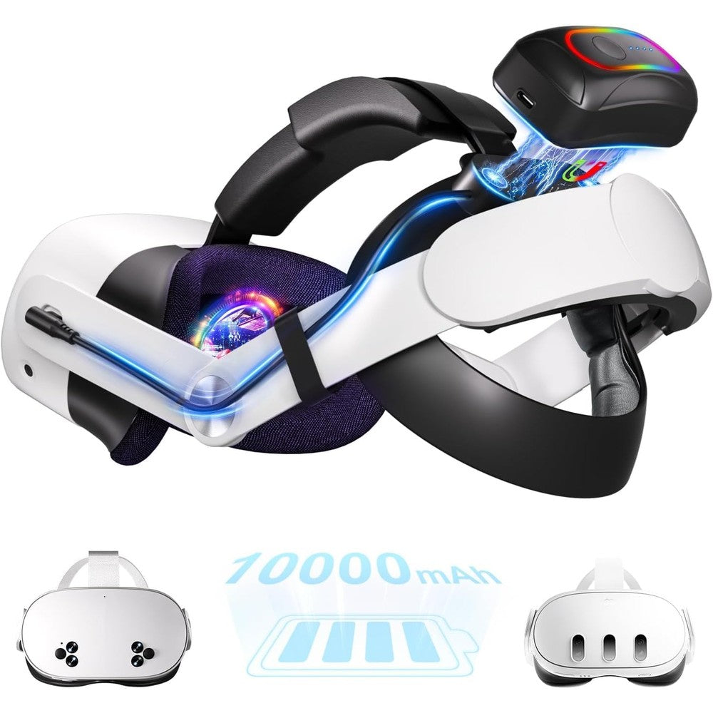 Saqico Meta Quest 3 battery head strap front view showing RGB lighting and premium memory foam padding