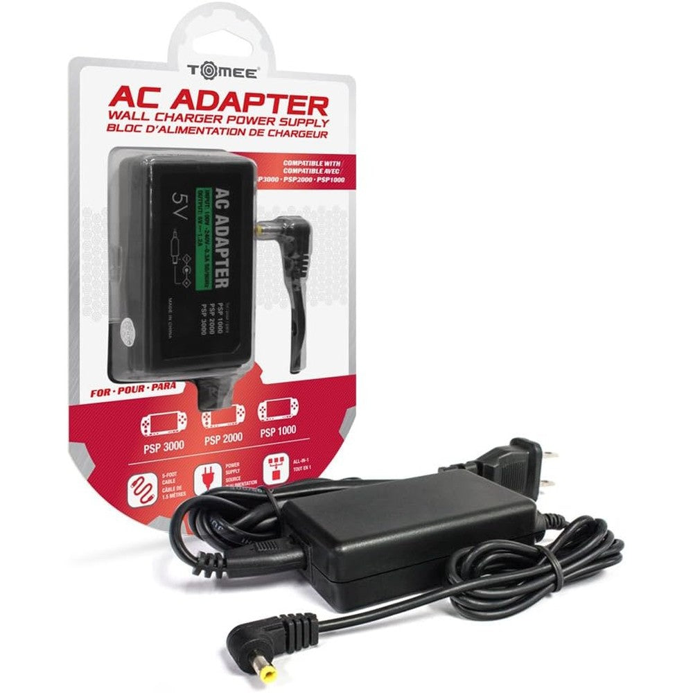 Hyperkin Tomee AC Adapter for Sony PSP front view showing the compact black charging brick and wall plug.