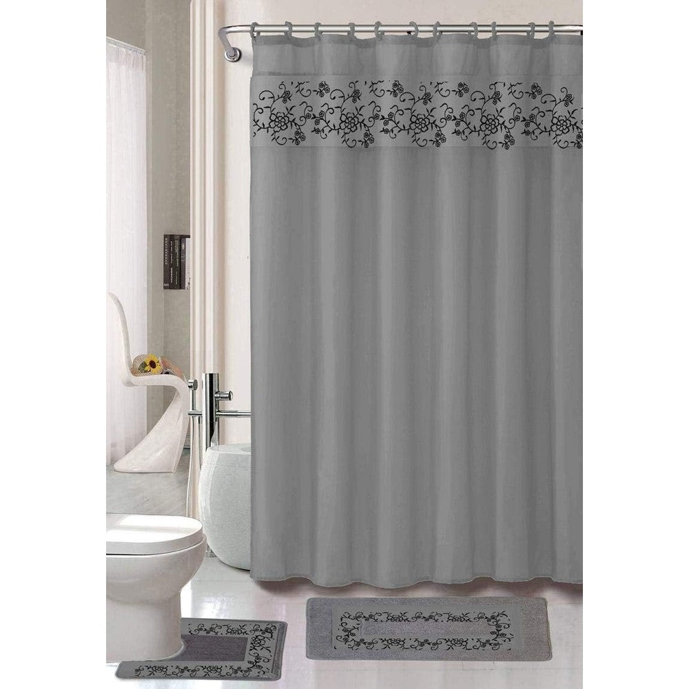 Comfy Deal 18 piece embroidery shower curtain and bath mat set gray front view premium bathroom decor