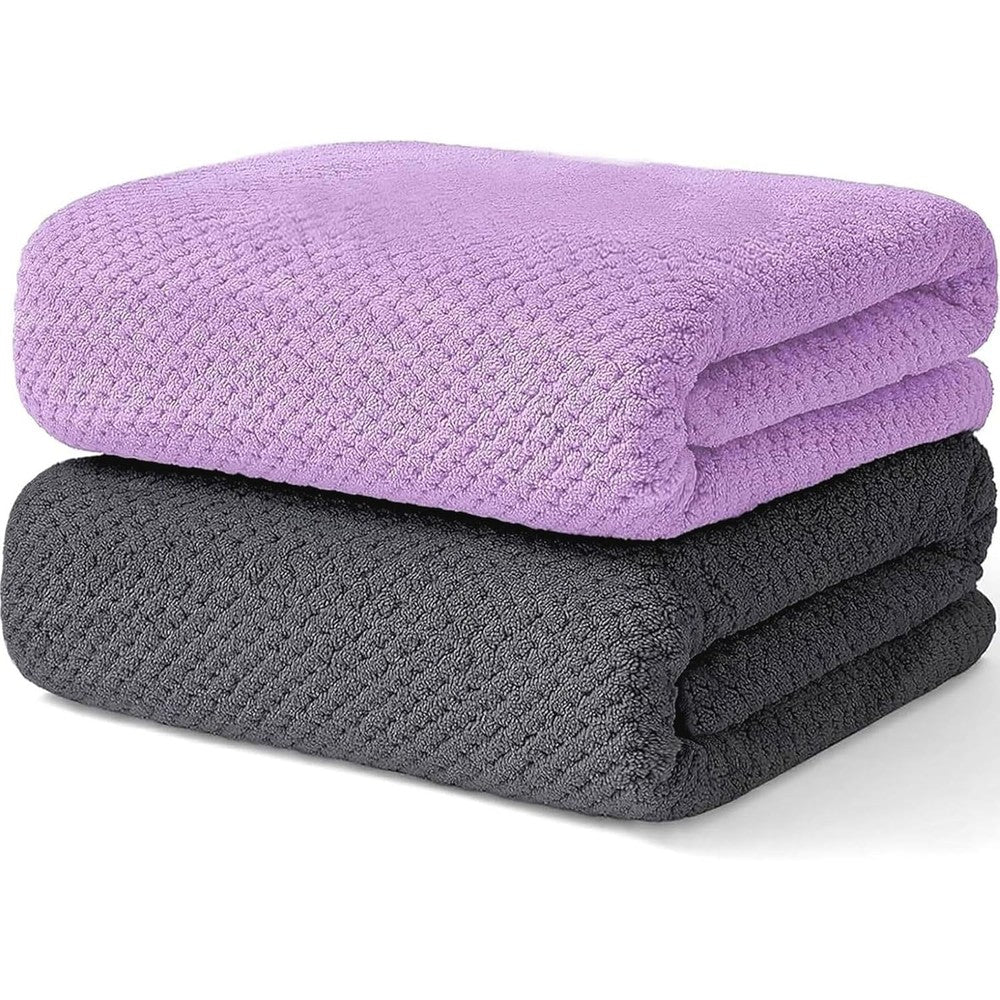 Wuwahold waffle bath towel set in grey and purple front view
