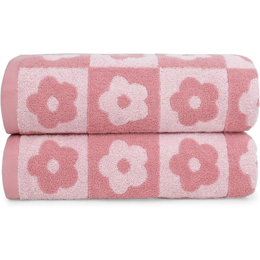 Jacquotha luxury pink checkered floral bath towels front view