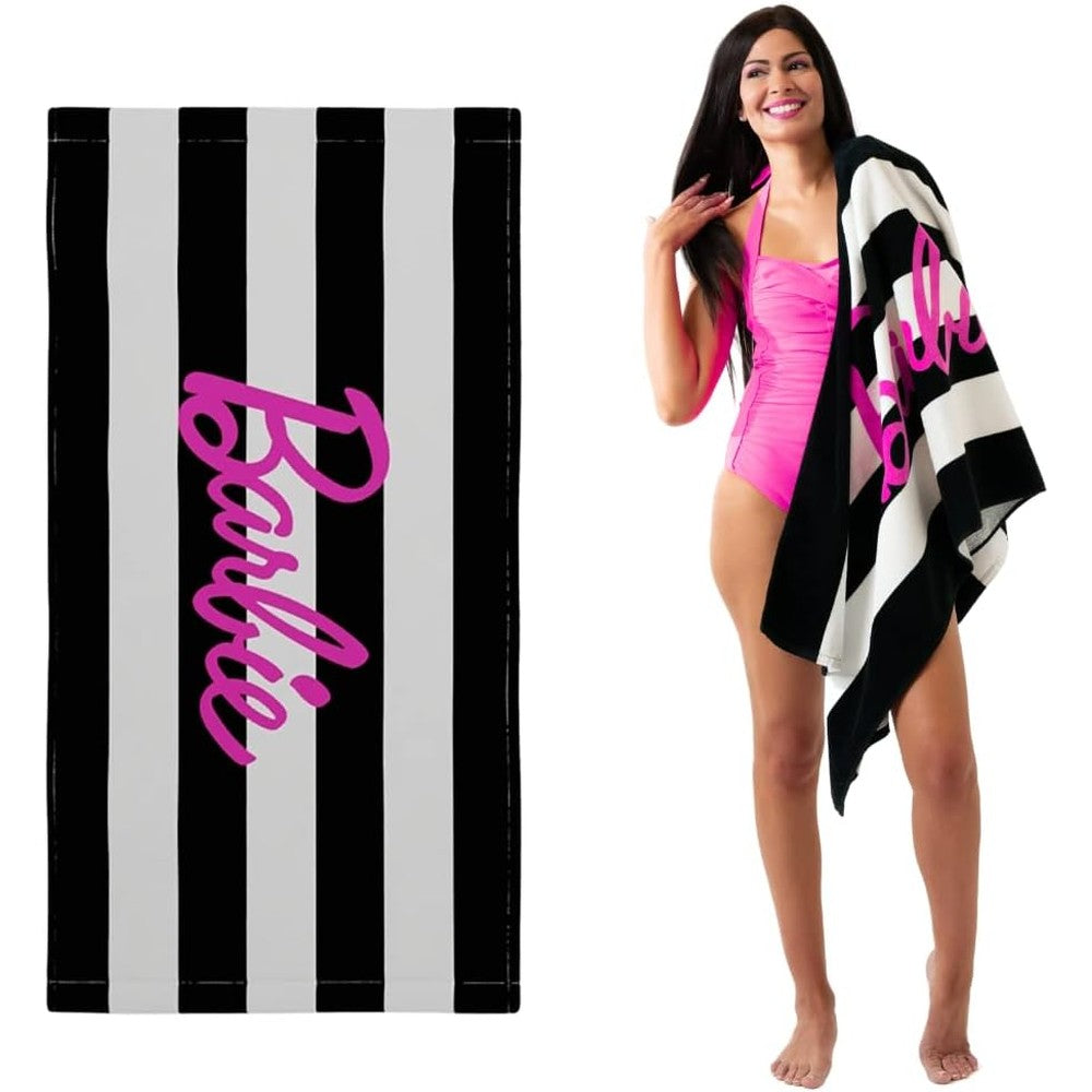 Franco Barbie beach towel front view showcasing the iconic retro black and white stripes with pink logo.