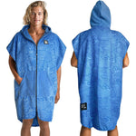 Pilotfish Surf Poncho Changing Robe Towel front view showing blue waves pattern and hood