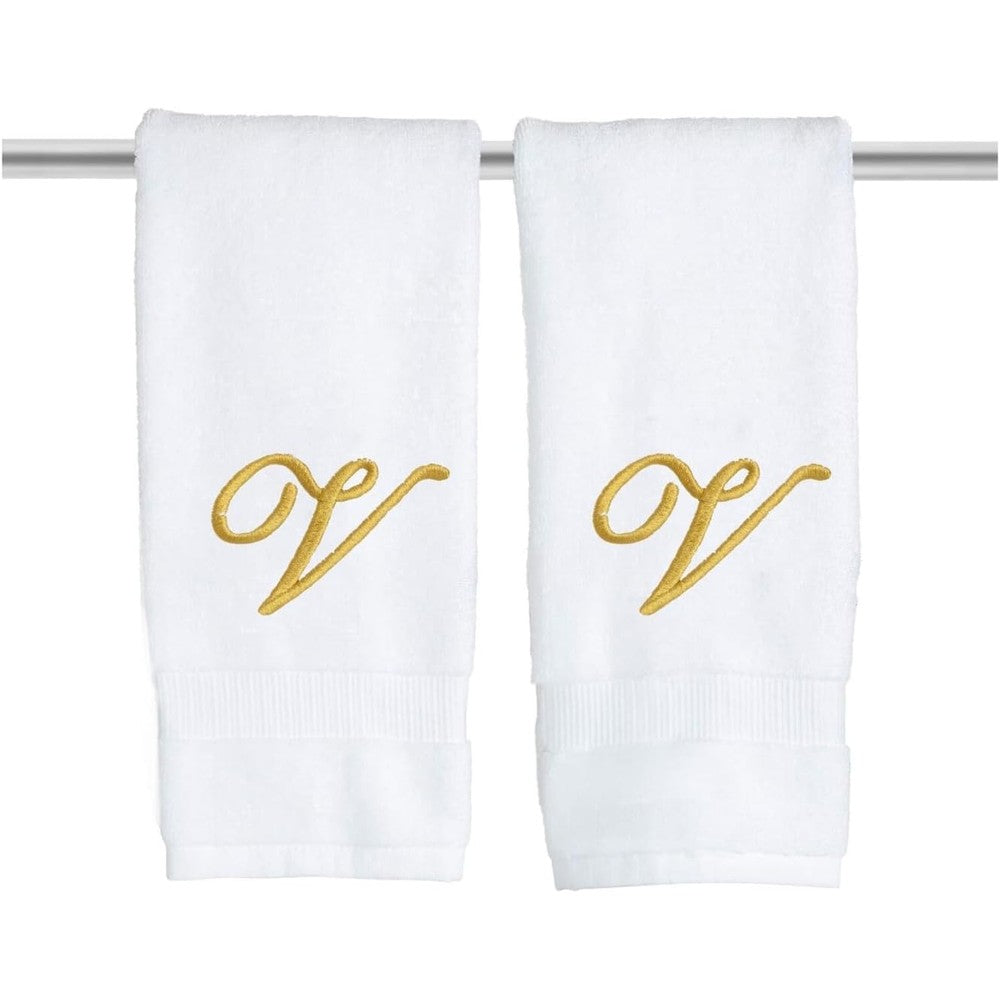Decorvo white monogrammed hand towels front view with gold letter V