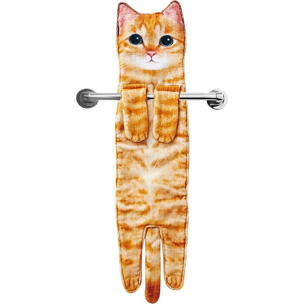 DaisyJoy cat funny hand towel front view hanging on bathroom rack