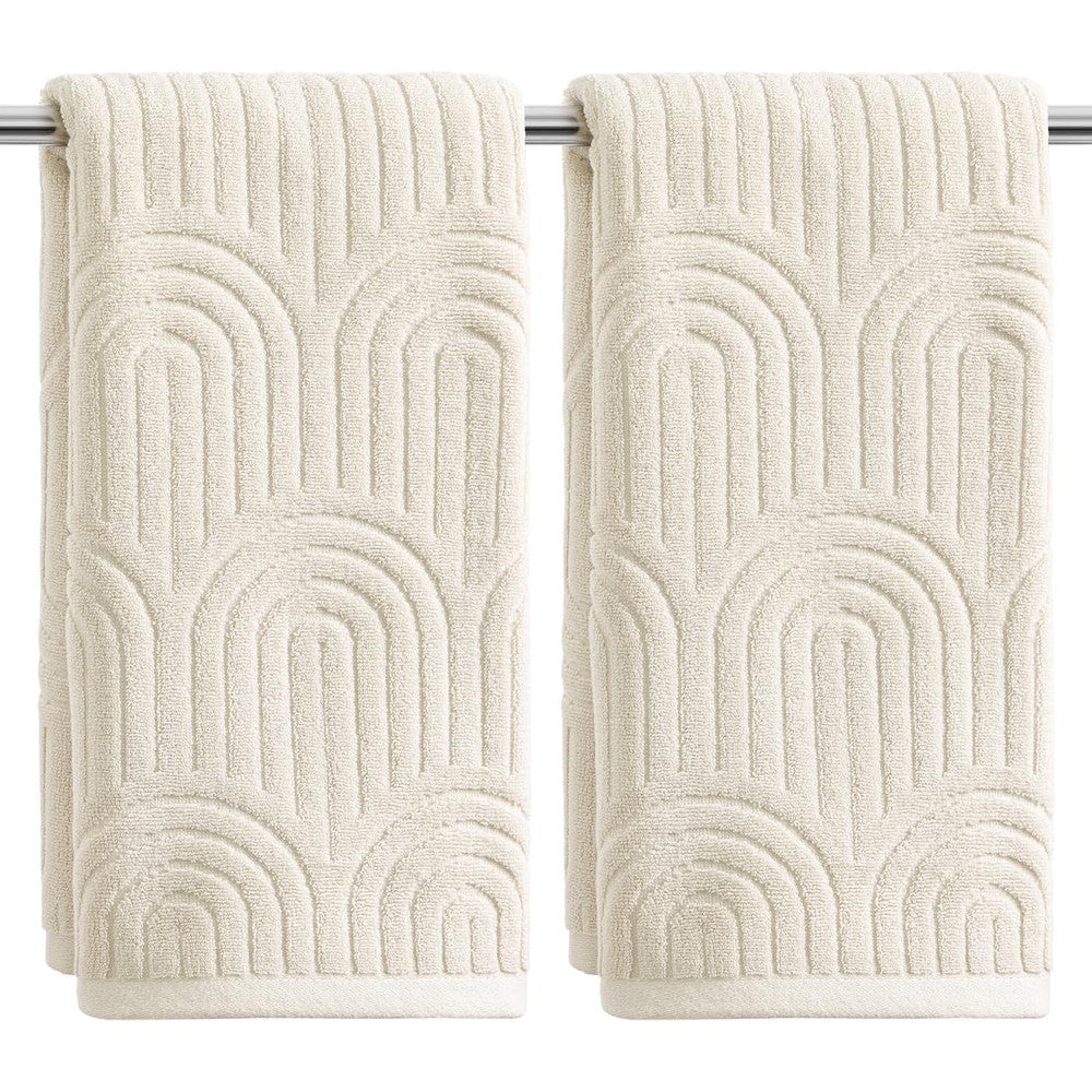 Artoid Mode 2 Pieces Beige 3D Arched Stripes Jacquard Hand Towels For Bathroom, 100 Percent Cotton Soft Absorbent Decor Towels, 13.7 x 29.5 Inch - Image 1