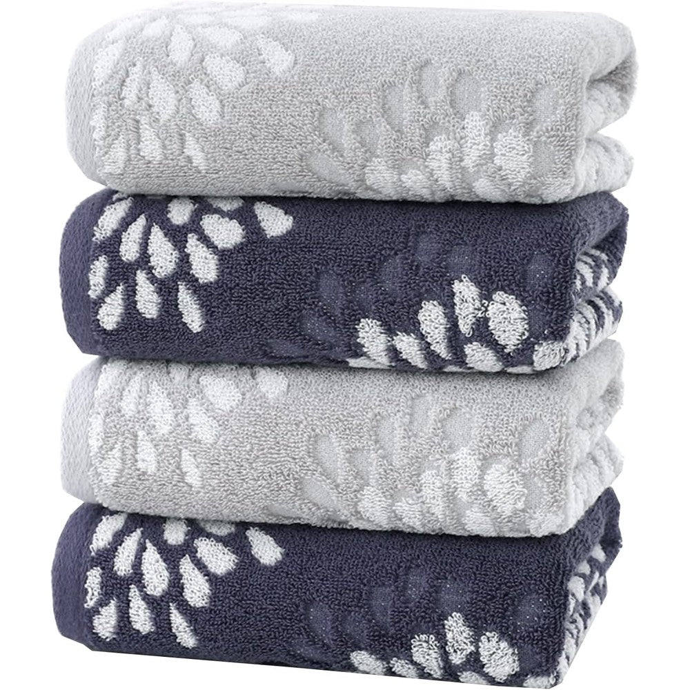 Pidada 100% cotton hand towels set of four front view showing light grey and denim blue colors