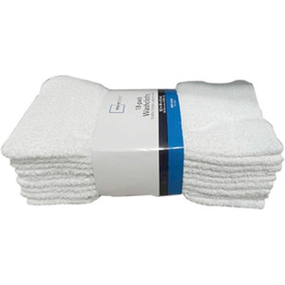 Basic White Cotton Washcloth Pack 18 Count front view of stacked towels