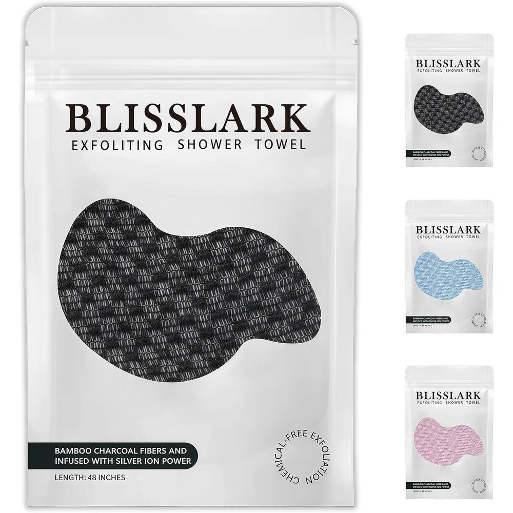 BlissLark Exfoliating Shower Towel black front view for body exfoliation