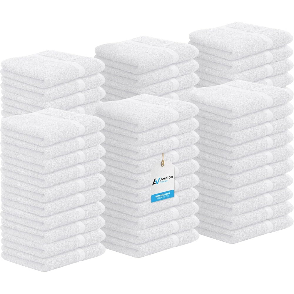 Avalon Towels white cotton washcloths 60 pack front view