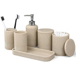 LIN CHUAN 6 piece bathroom accessories set front view showing beige ribbed soap dispenser and toothbrush holder on vanity tray