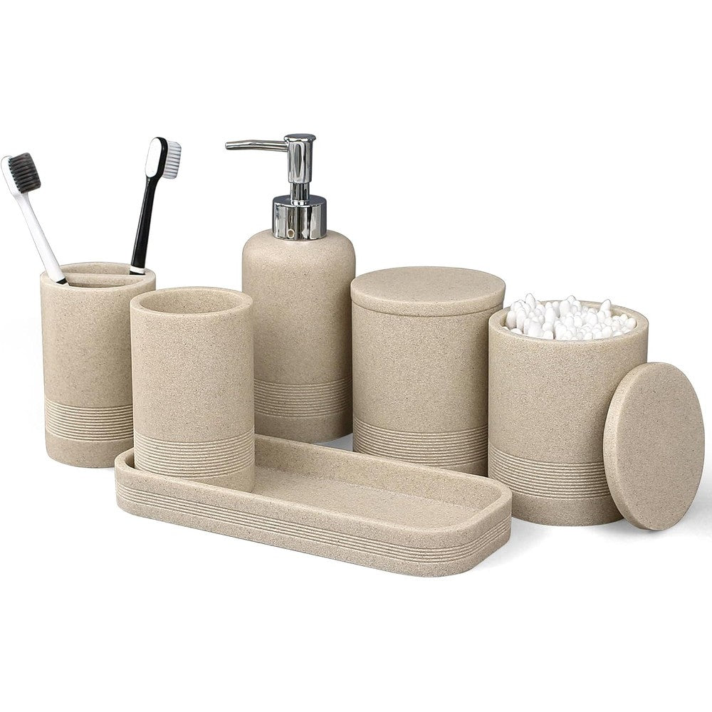 LIN CHUAN 6 piece bathroom accessories set front view showing beige ribbed soap dispenser and toothbrush holder on vanity tray