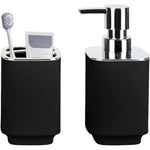 RRM Black Bathroom Accessories set showing the square soap dispenser and toothbrush holder front view on a countertop.